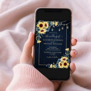 Invitation Sunflower Navy Blue Wood Floral Mariage photo