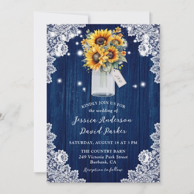 Invitation Sunflower Navy Blue Wood Lace Mason Jar Mariage (Devant)