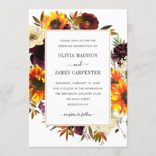 Invitation Sunflower Peony Bourgogne Rouge violet Mariage Flo