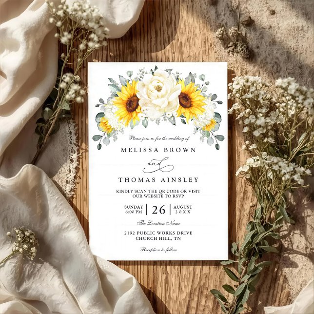 Invitation Sunflower Peony Floral Eucalyptus QR Code Wedding (Créateur téléchargé)
