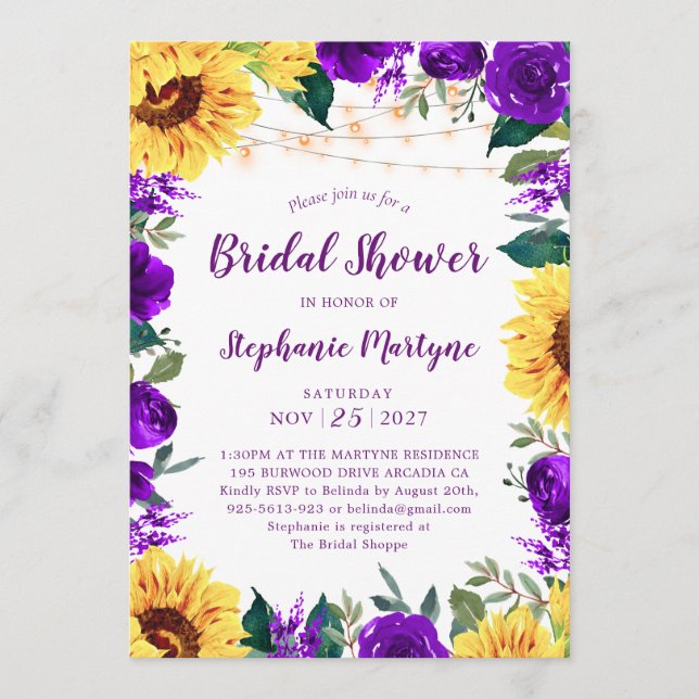 Invitation Sunflower Purple Floral Border Light Bridal Shower (Devant)