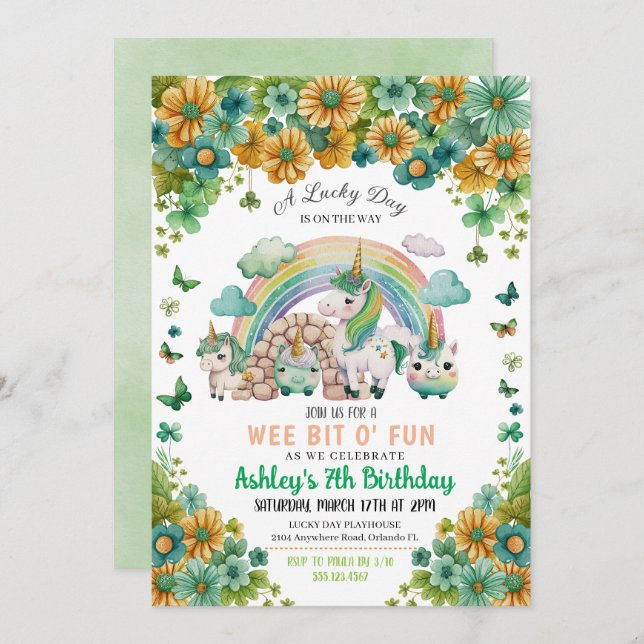 Invitation Sunflower Rainbow Unicorn St. Patrick's Birthday (Devant / Derrière)