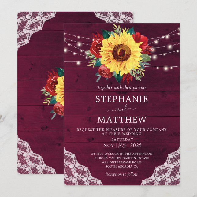 Invitation Sunflower Red Rose dentelle Bourgogne Mariage en b (Devant / Derrière)