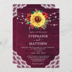 Invitation Sunflower Red Rose dentelle Bourgogne Mariage en b