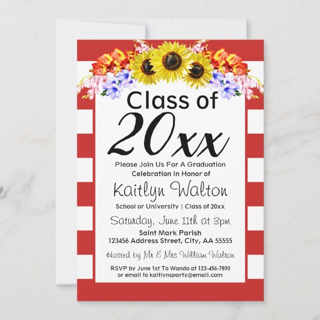 Invitation Sunflower Red Stripe Gradupe Party (Devant)