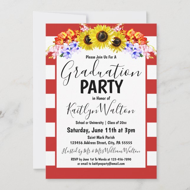 Invitation Sunflower Red Stripe Gradupe Party (Devant)