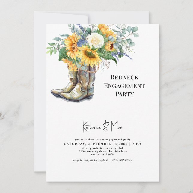 Invitation Sunflower Redneck Boots White Engagement Party (Devant)