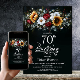 Invitation Sunflower Rose Floral Black 70th Birthday Party
