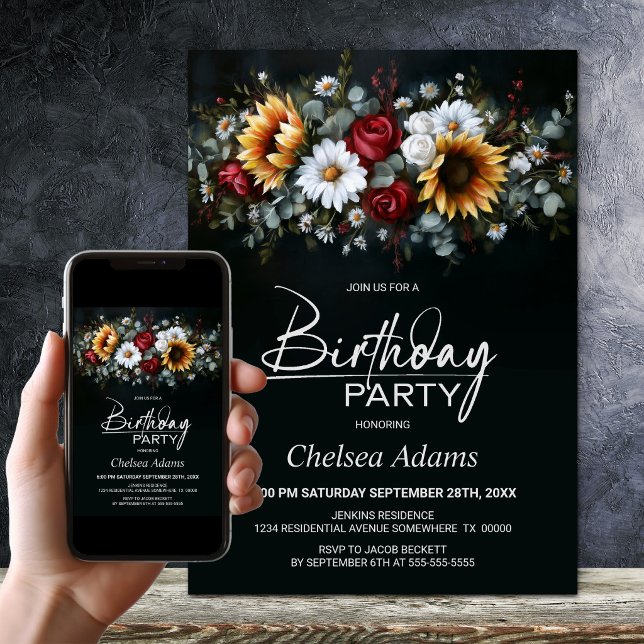 Invitation Sunflower Rose Floral Black Any Age Birthday Party (Créateur téléchargé)