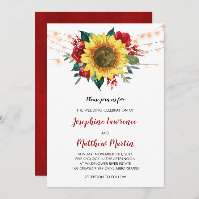 Invitation Sunflower Rose Floral Lumières Mariage (Devant / Derrière)