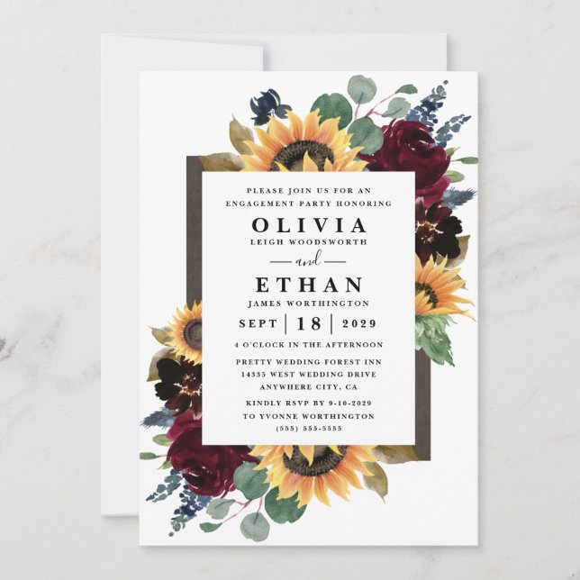 Invitation Sunflower Roses Bourgogne Blue Engagement Party (Devant)