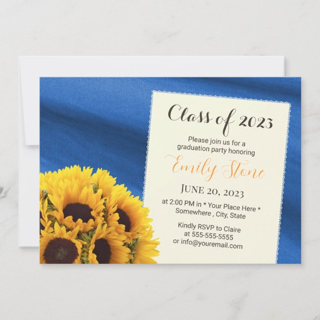 Invitation Sunflower Royal Blue Élégant Graduation Party (Devant)