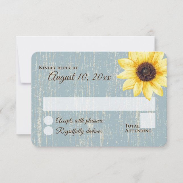 Invitation Sunflower Rustic Blue Barne Réponse du Mariage (Devant)