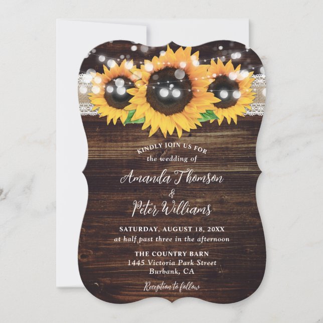 Invitation Sunflower Rustic Wood String Mariage (Devant)