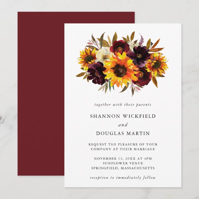Invitation Sunflower Rustique Automne Floral Mariage élégant (Devant / Derrière)