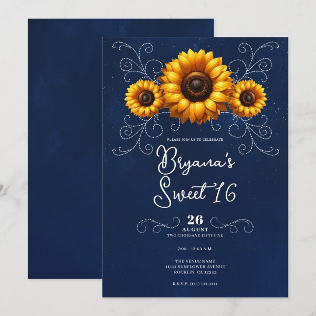 Invitation Sunflower Sparkle Blue Rustic Glam Douze 16  (Devant / Derrière)