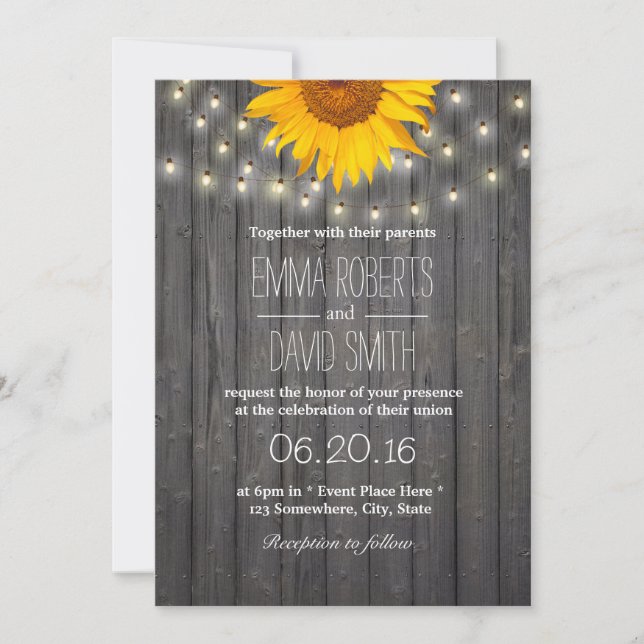 Invitation Sunflower & String Lights Barre Mariage en bois (Devant)