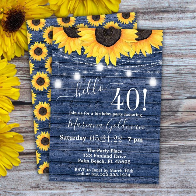 Invitation Sunflower String Lights Blue 40th Birthday Party (Créateur téléchargé)