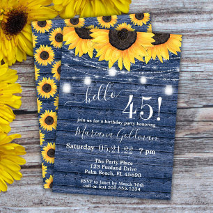 Invitation Sunflower String Lights Blue 45th Birthday Party