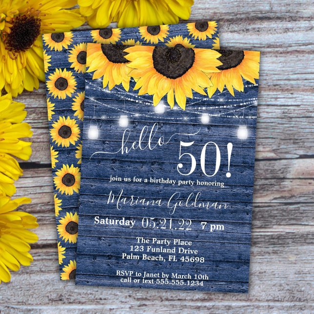 Invitation Sunflower String Lights Blue 50th Birthday Party (Créateur téléchargé)