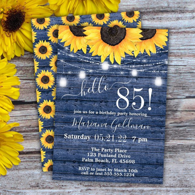 Invitation Sunflower String Lights Blue 85th Birthday Party (Créateur téléchargé)