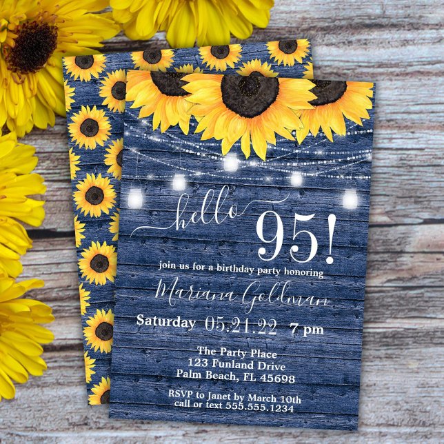 Invitation Sunflower String Lights Blue 95th Birthday Party (Créateur téléchargé)
