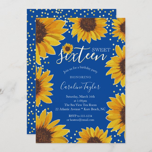 Invitation Sunflower Sweet 16 Anniversaire Navy Blue & Gold (Devant / Derrière)