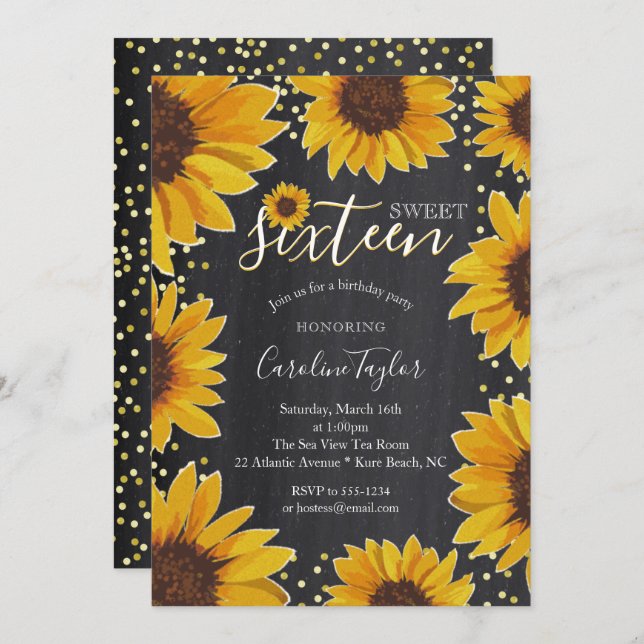 Invitation Sunflower Sweet 16 tableau de bord d'anniversaire (Devant / Derrière)