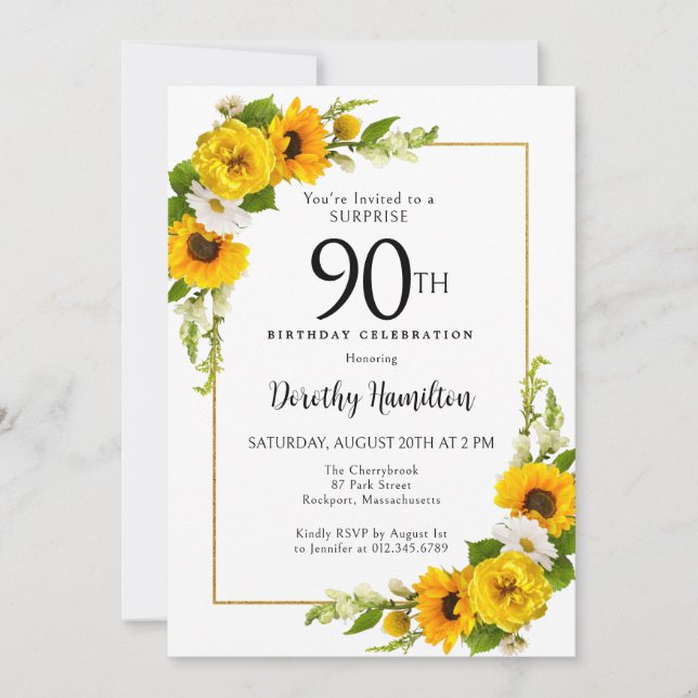 Invitation Sunflower White Daisy 90e anniversaire Surprise (Devant)