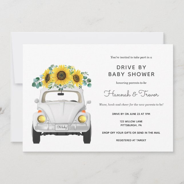 Invitation Sunflower White Voiture En Baby shower (Devant)
