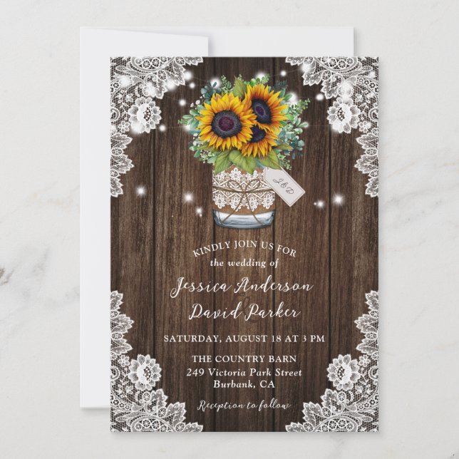 Invitation Sunflower Wood Mason Jar Floral Lace Mariage (Devant)