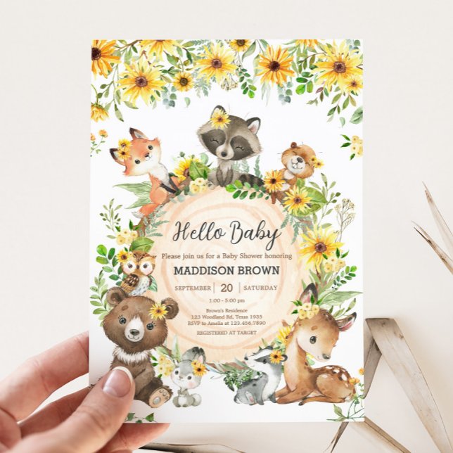 Invitation Sunflower Woodland Animals Baby Shower (Sunflower Woodland Animals Floral Baby Shower Invitation)