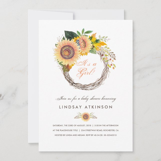 Invitation Sunflower Wreath Rustic Fall Baby shower (Devant)