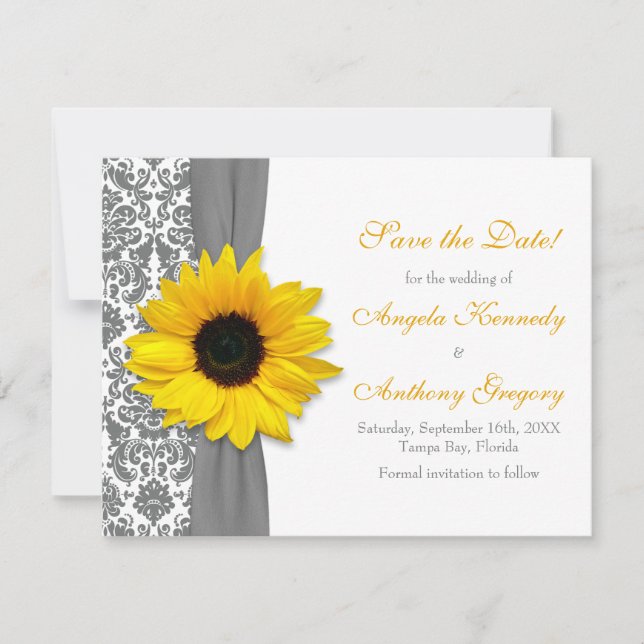 Invitation Sunflower Yellow Grey Mariage damassé Enregistrer  (Devant)
