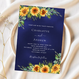 Invitation Sunflowers bleu marine eucalyptus mariage de luxe