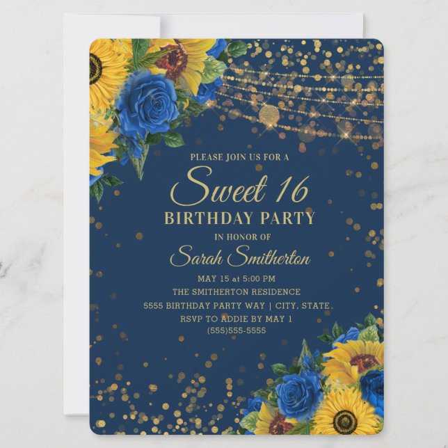 Invitation Sunflowers Bleu Rose Parties scintillant or Sweet  (Devant)