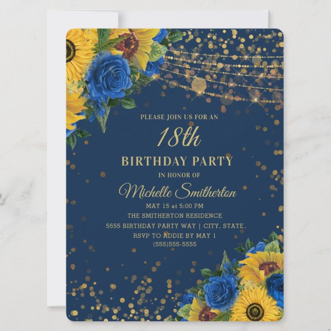 Invitation Sunflowers Blue Rose Gold Parties scintillant 18e  (Devant)