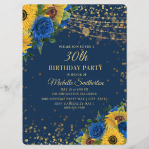 Invitation Sunflowers Blue Rose Gold Parties scintillant 30e