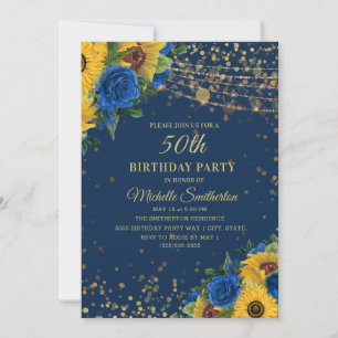 Invitation Sunflowers Blue Rose Gold Parties scintillant 50e
