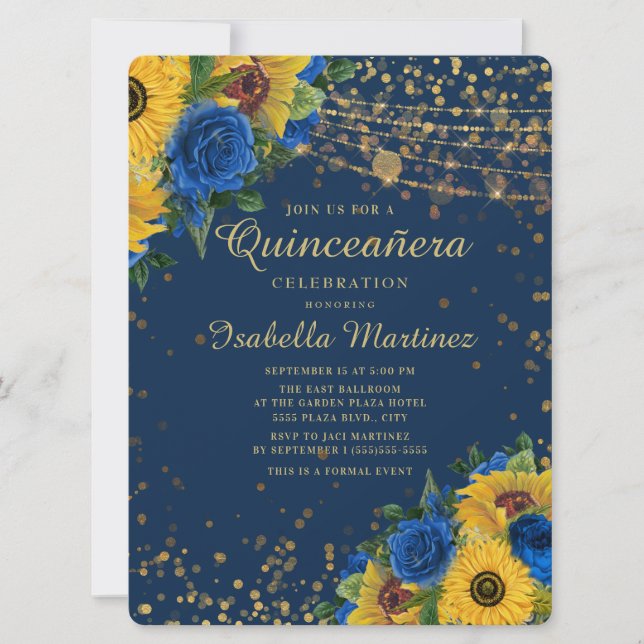 Invitation Sunflowers Blue Rose Gold Parties scintillant Quin (Devant)