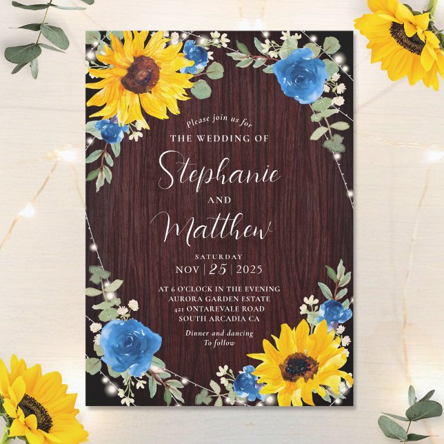 Invitation Sunflowers Blue Roses Lumières Mariage en bois (Créateur téléchargé)
