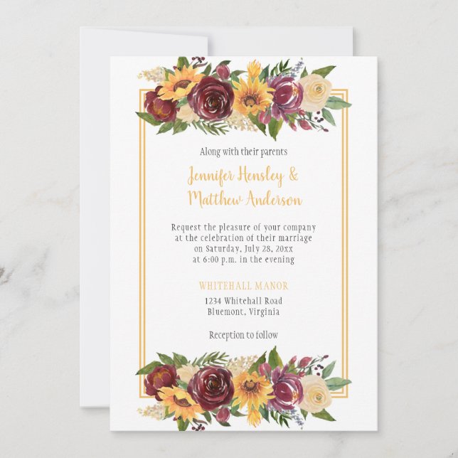 Invitation Sunflowers & Bourgogne Floral Drop Gold Frame (Devant)