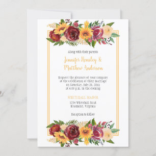 Invitation Sunflowers & Bourgogne Floral Drop Gold Frame