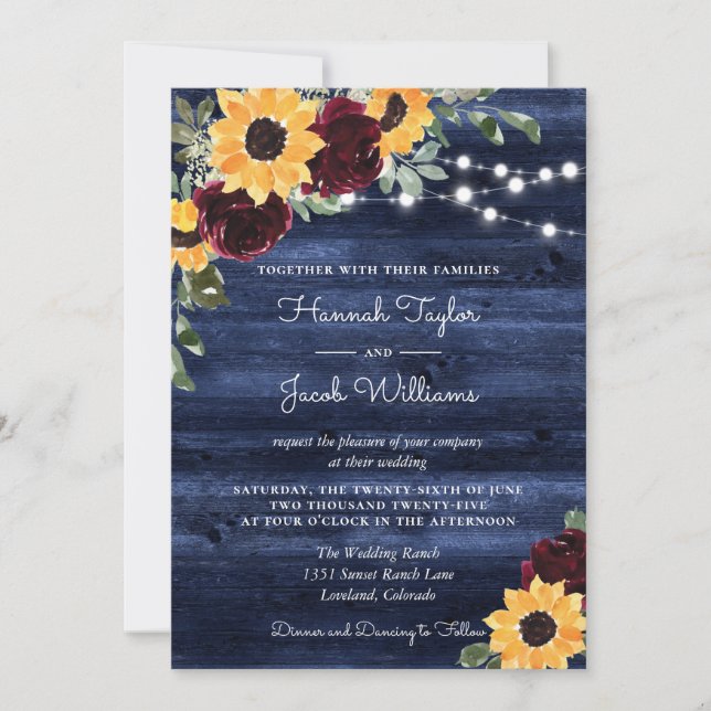 Invitation Sunflowers Bourgogne Rose Marine Mariage en bois (Devant)