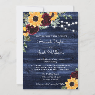 Invitation Sunflowers Bourgogne Rose Marine Mariage en bois