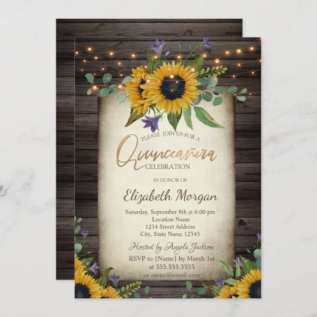 Invitation Sunflowers Brown Wood Quinceañera Anniversaire (Devant / Derrière)
