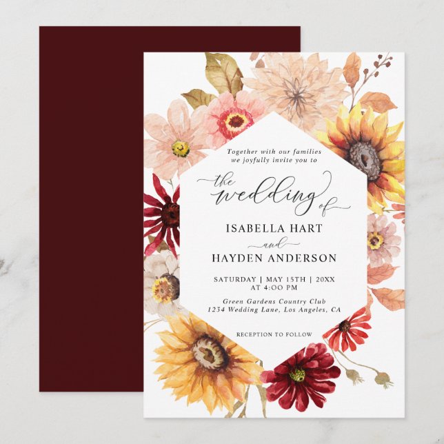 Invitation Sunflowers & Burgundy Fall Wild Floral Mariage (Devant / Derrière)