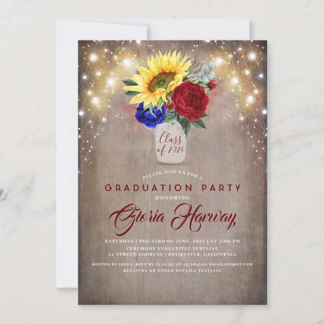 Invitation Sunflowers Burgundy Navy Bleu Rustique Graduation (Devant)