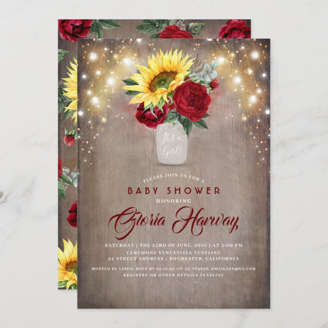 Invitation Sunflowers Burgundy Red Russe Baby shower automnal (Devant / Derrière)