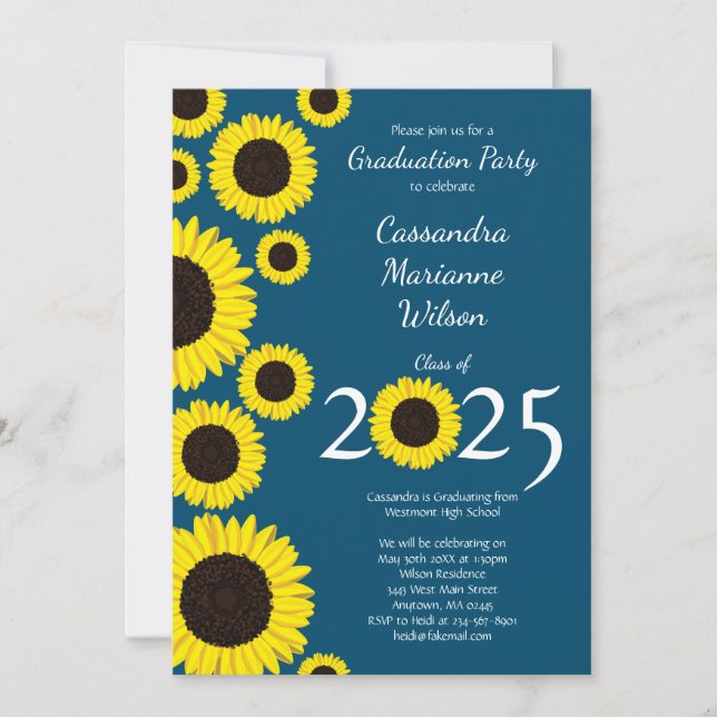 Invitation Sunflowers Country Graduation Party Blue (Devant)